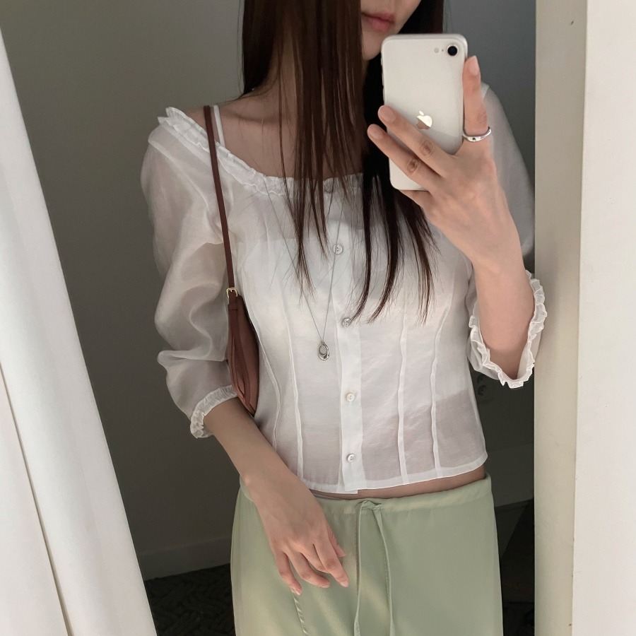 Quality Summer Clothing - 우아한 스퀘어 칼라 버튼 셔츠 레이스