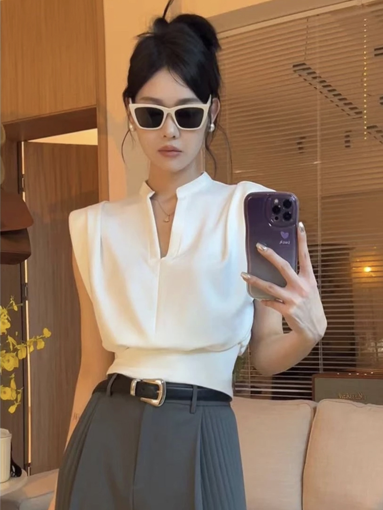 Quality Summer Clothing - 레트로 스탠드 칼라 반팔 셔츠 여성