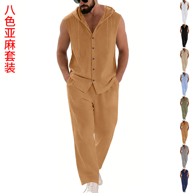 Summer Clothing Us - 남성 캐주얼 린넨 수트 후드 스웨터