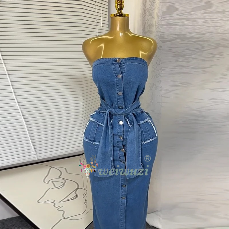 Summer Clothing Y2K - 2026 여성 레트로 스트랩리스 데님 드레스