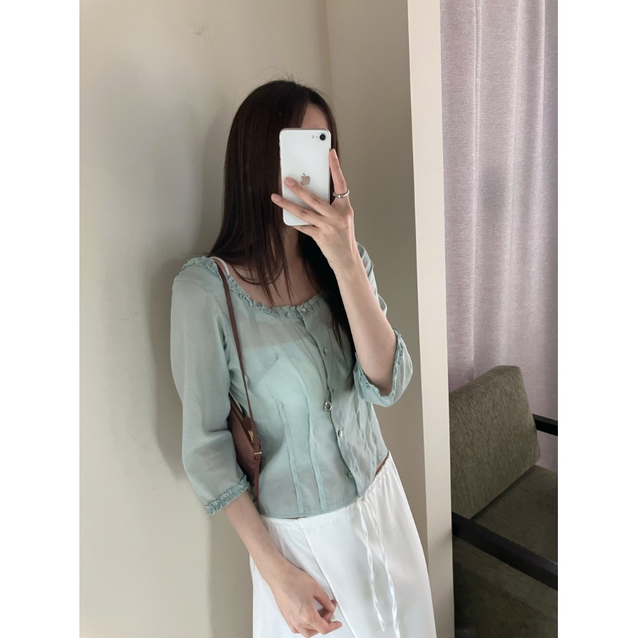 우아한 스퀘어 칼라 버튼 셔츠 레이스 트림 싱글 버튼  - Quality Summer Clothing 리뷰 및 가격