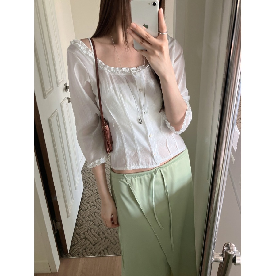 우아한 스퀘어 칼라 버튼 셔츠 레이스 트림 싱글 버튼  - Quality Summer Clothing 리뷰 및 가격