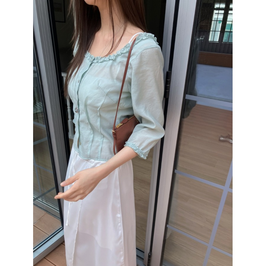 우아한 스퀘어 칼라 버튼 셔츠 레이스 트림 싱글 버튼  - Quality Summer Clothing 리뷰 및 가격
