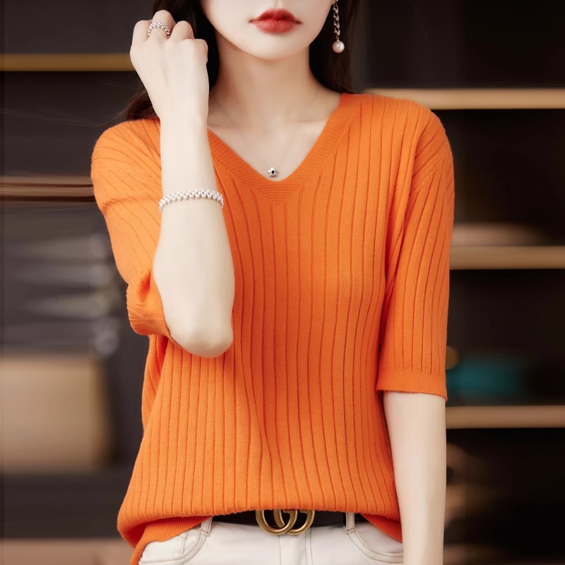 여성용 스웨터 봄 여름 짧은 소매 v 넥 니트 셔츠 캐 - Summer Clothing Yarn 리뷰 및 가격