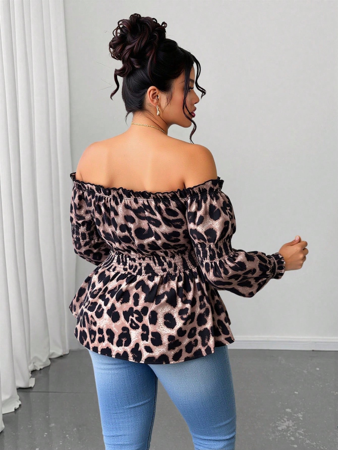 플러스 사이즈 여성용 레오파드 프린트 러플 오프숄더 긴 - Off Shoulder Blouse 리뷰 및 가격
