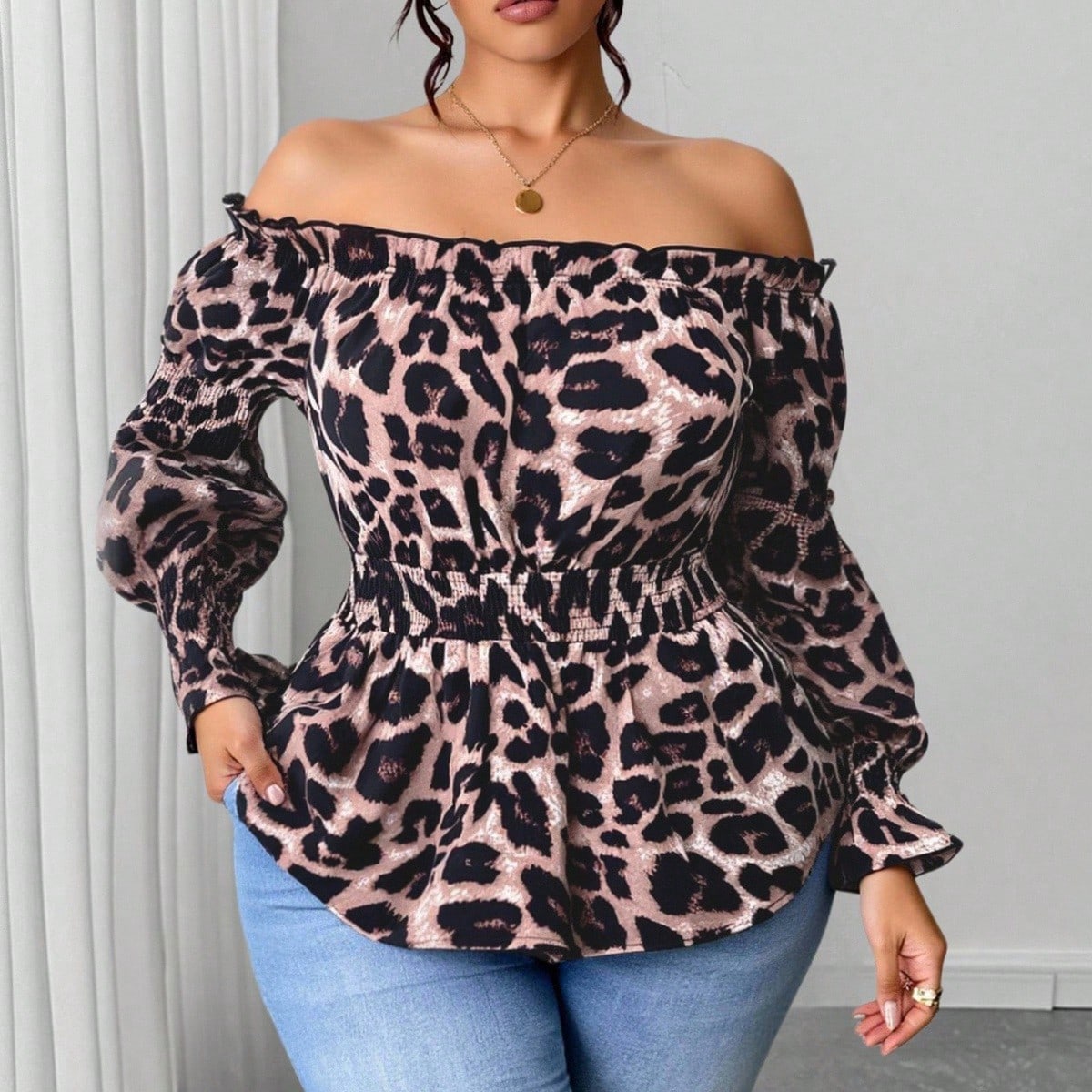 플러스 사이즈 여성용 레오파드 프린트 러플 오프숄더 긴 - Off Shoulder Blouse 리뷰 및 가격