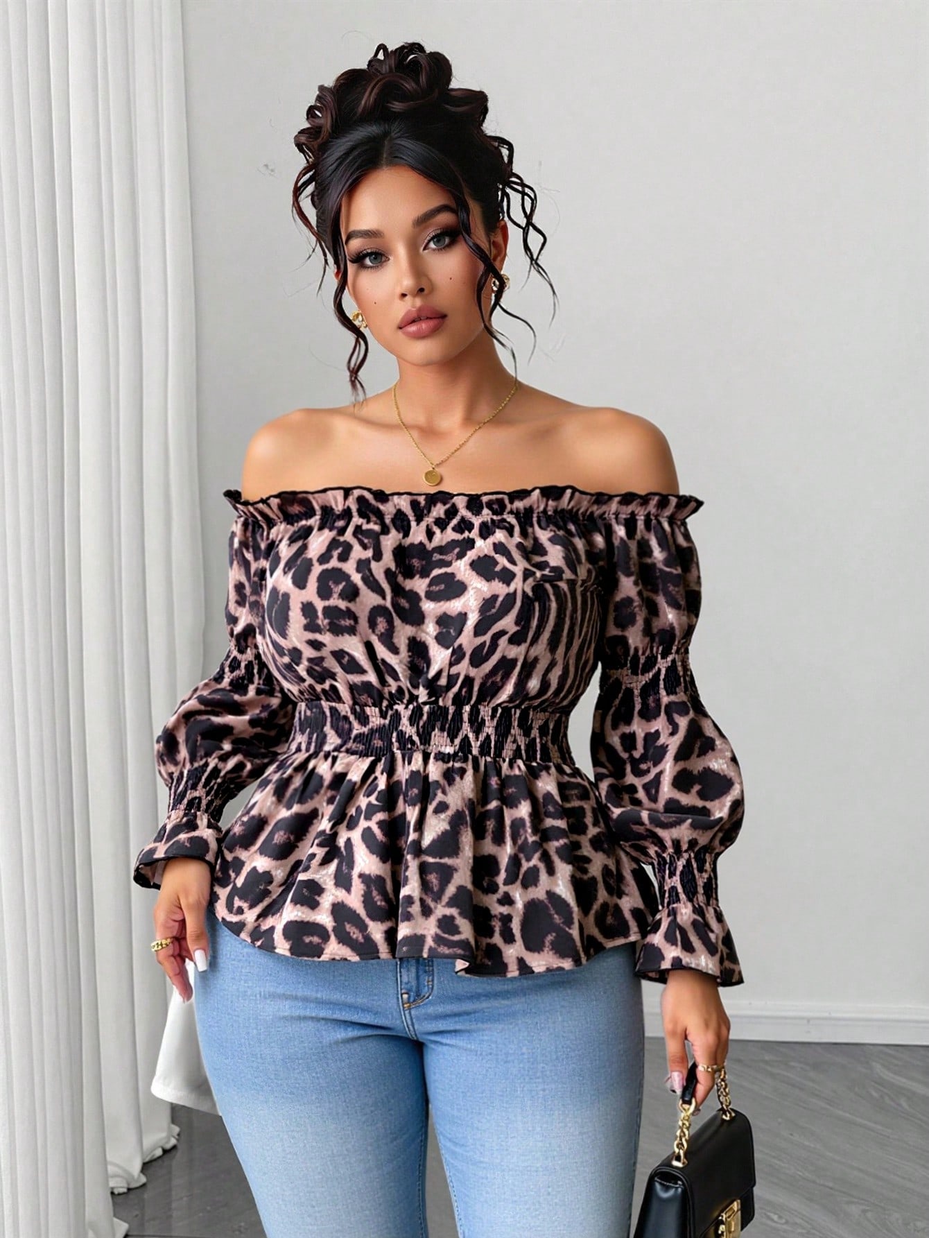 플러스 사이즈 여성용 레오파드 프린트 러플 오프숄더 긴 - Off Shoulder Blouse 리뷰 및 가격