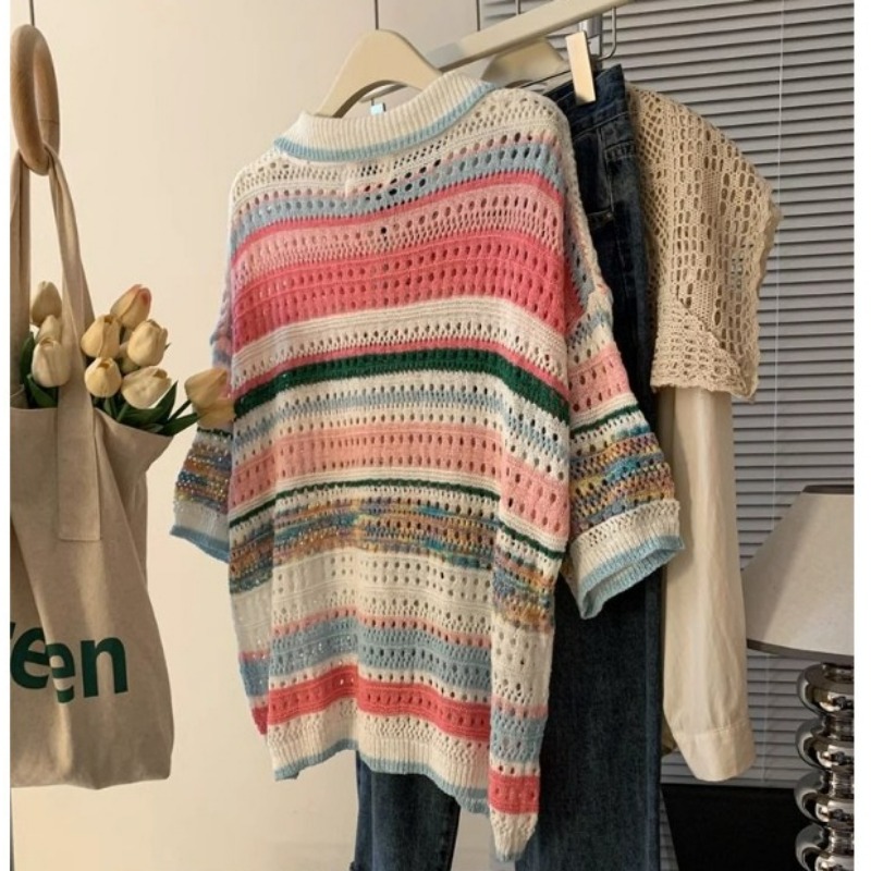 여성 의류 여름 대비 색 줄무늬 속이 빈 짧은 소매 니 - Summer Clothing Yarn 리뷰 및 가격