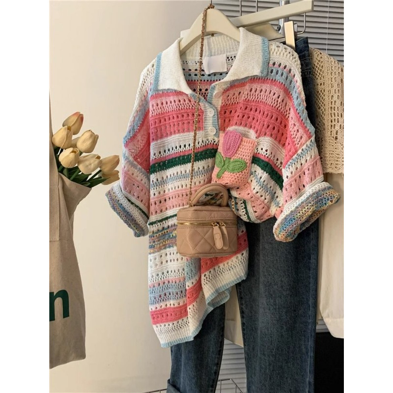여성 의류 여름 대비 색 줄무늬 속이 빈 짧은 소매 니 - Summer Clothing Yarn 리뷰 및 가격