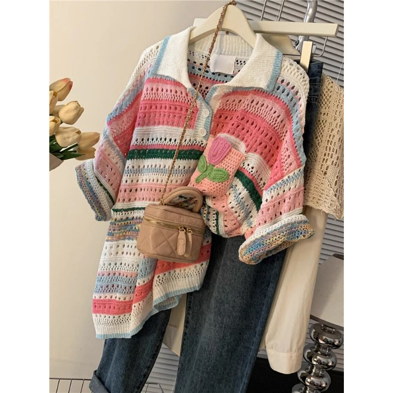 여성 의류 여름 대비 색 줄무늬 속이 빈 짧은 소매 니 - Summer Clothing Yarn 리뷰 및 가격