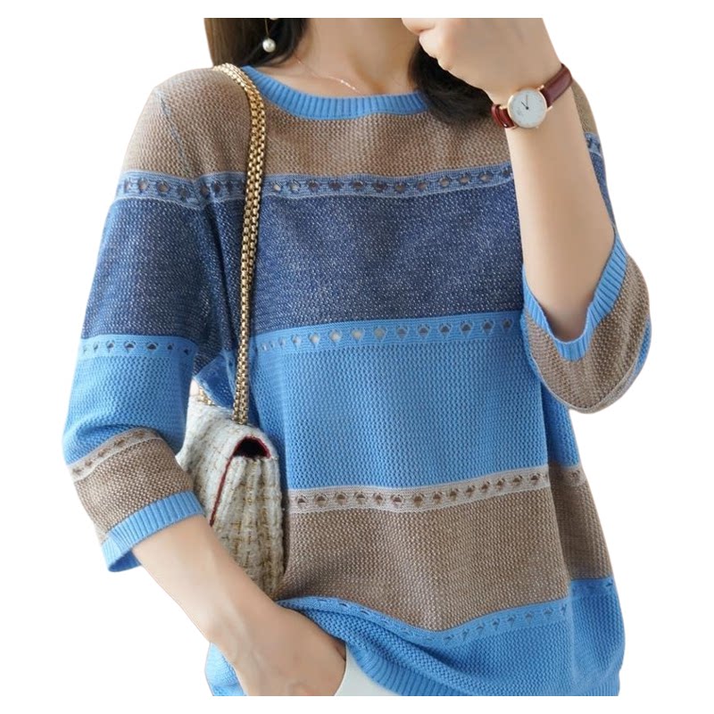 여성 스웨터 3/4 소매 한국 패션 스트라이프 풀오버  - Summer Clothing Yarn 리뷰 및 가격