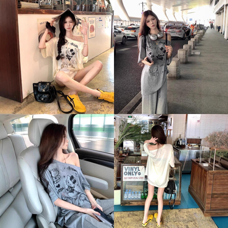 자외선 차단 블라우스 헬로 키티 비스듬한 어깨 카툰 탑 - Off Shoulder Blouse 리뷰 및 가격