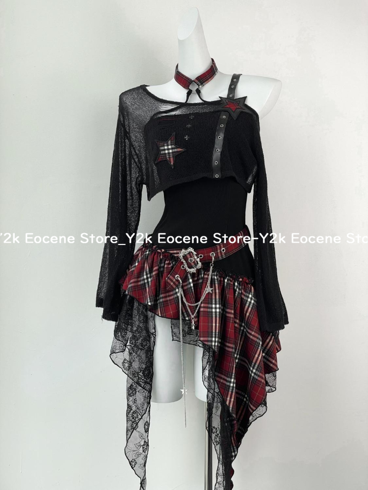2000 년대 Y2K 매운 소녀 디자인 불규칙한 세트  - Summer Clothing Y2K 리뷰 및 가격